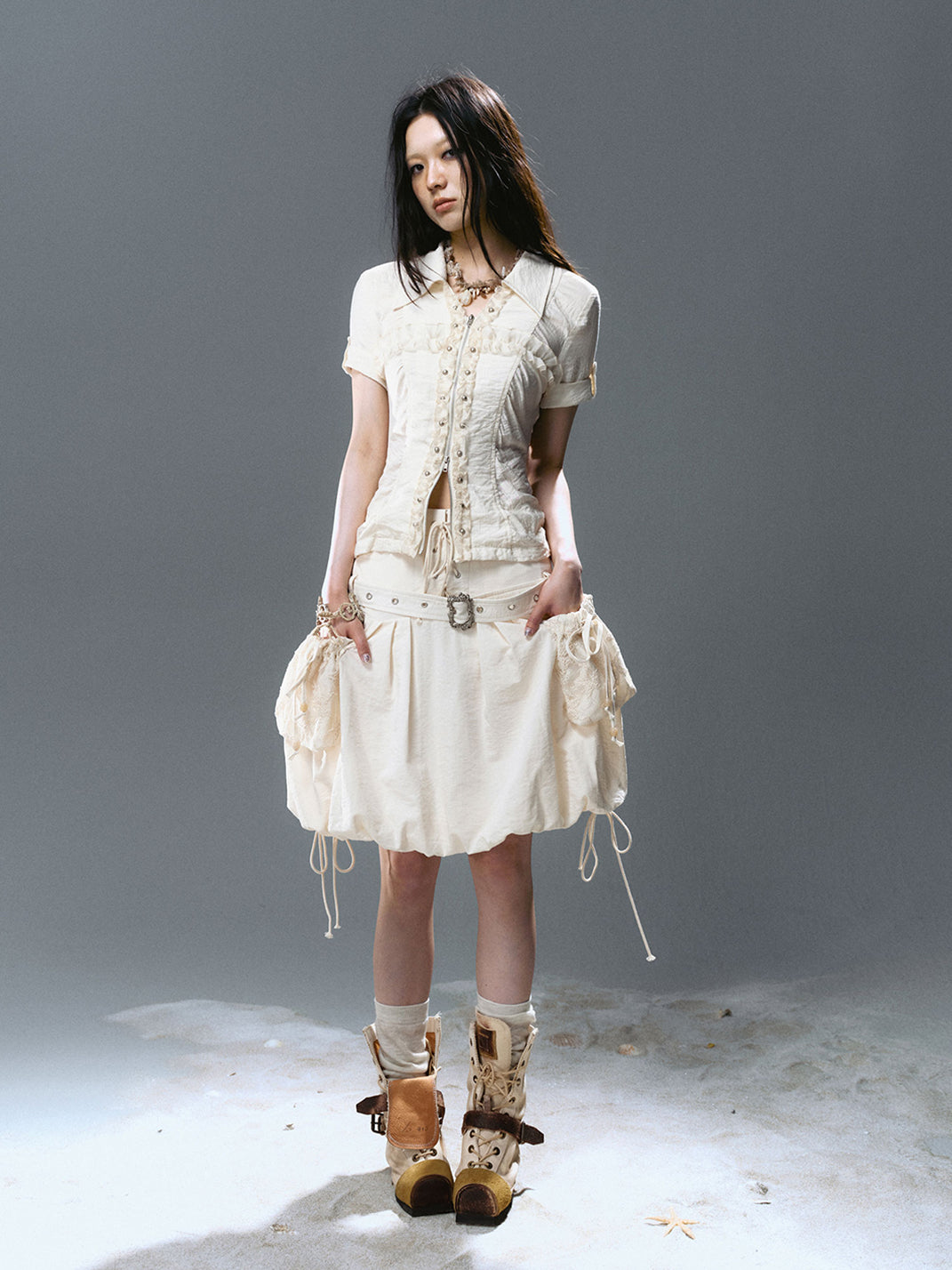 CestNous|Ruffled Studded Gothic Crop Shirt-White - PSYLOS 1, CestNous|Ruffled Studded Gothic Crop Shirt-White, Shirts, CestNous, PSYLOS 1